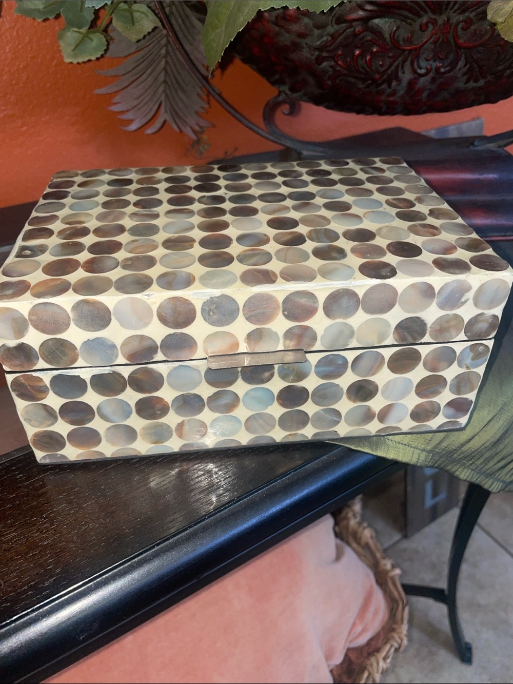 Shell Inlay Rectangle Jewelry Box - Neutral Brown & Cream Dot Pattern - Picture 2 of 9